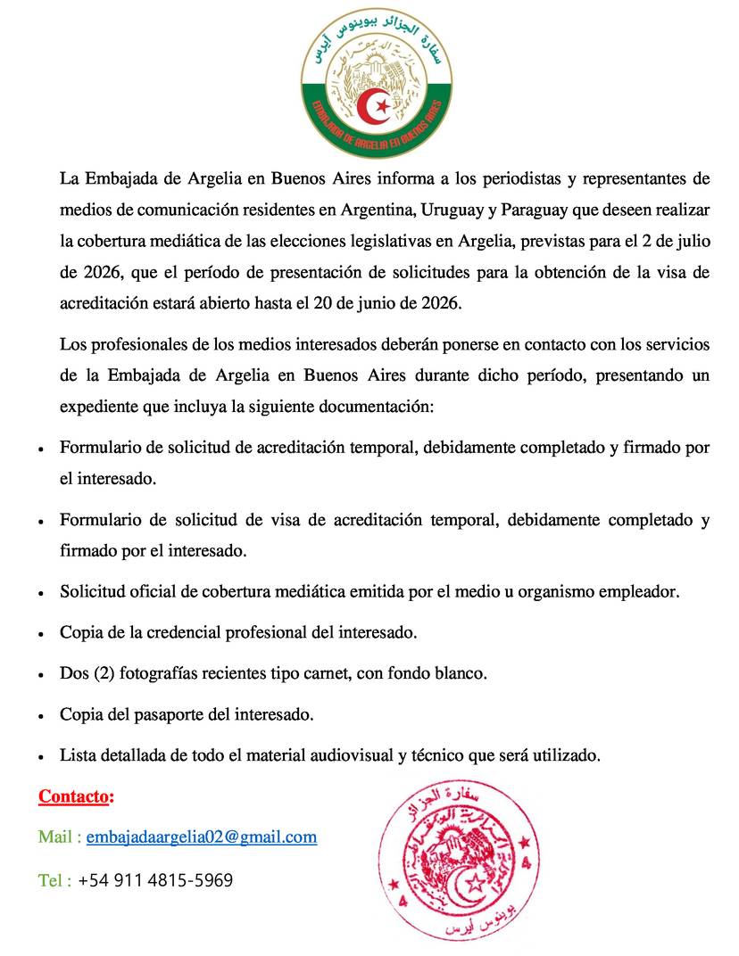 Apertura del período de presentación de solicitudes de acreditación para la cobertura mediática de las elecciones legislativas en Argelia