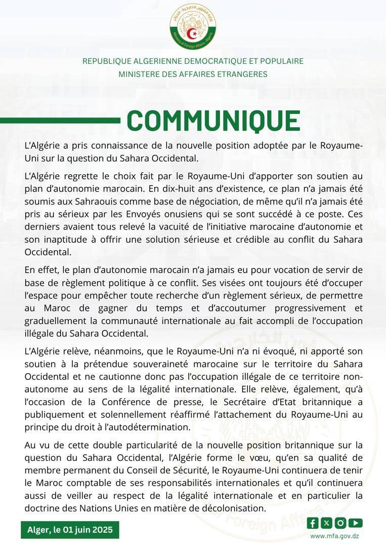 Sáhara Occidental: Argelia lamenta el apoyo del Reino Unido al plan marroquí de autonomía.